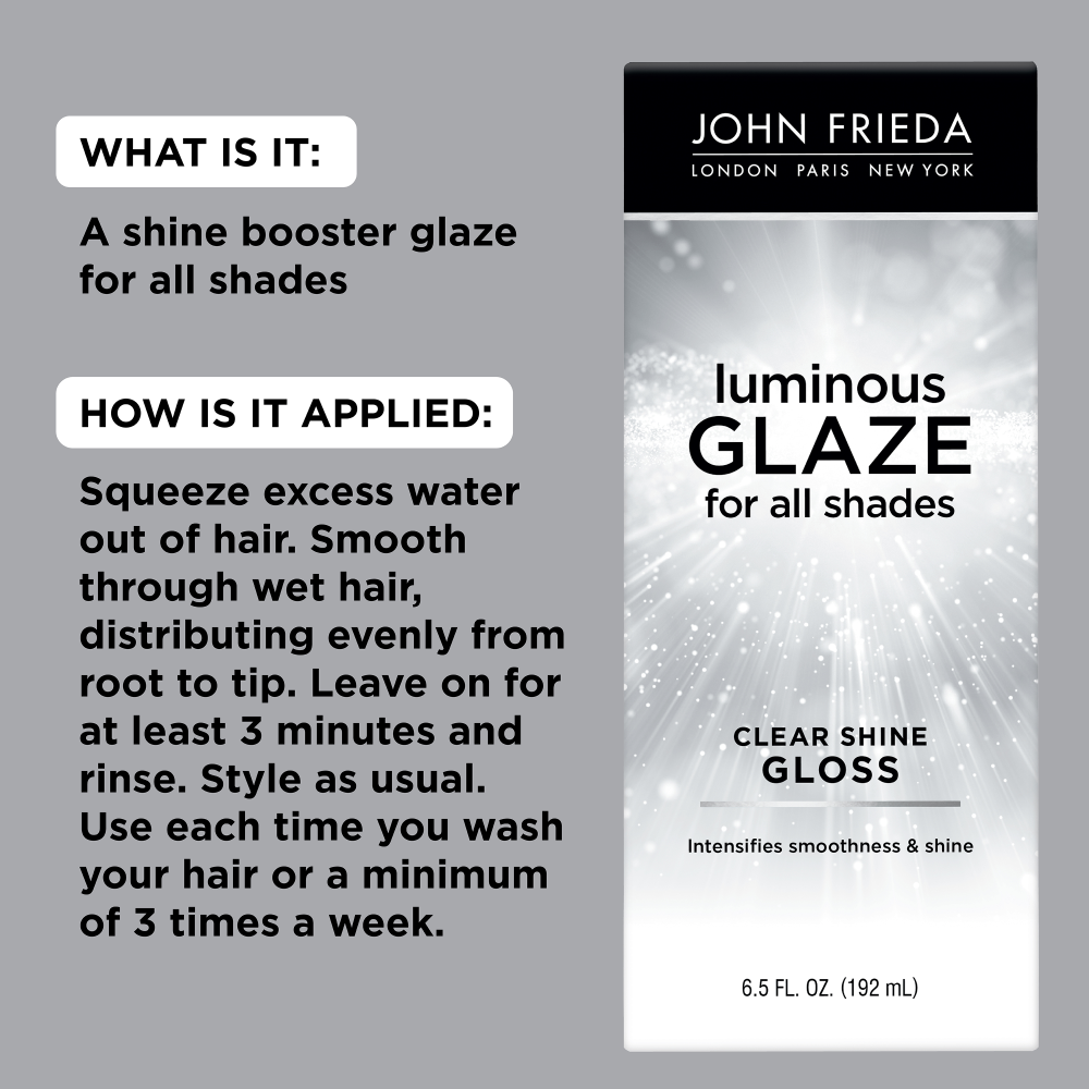 What is it: A shine booster glaze for all shades. How is it applied: Squeeze excess water out of hair. Smooth through wet hair, distributing evenly from root to tip. Leave on for at least 3 minutes and rinse. Style as usual. Use each time you wash your hair for a minimum of 3 times a week. 