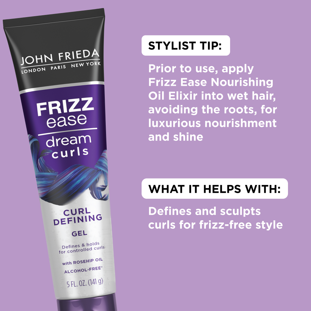 Stylist tip: Prior to use, apply Frizz Ease Nourishing Oil Elixir into wet hair, avoiding the roots, for luxurious nourishment and shine. What it helps with: Defines and sculpts curls for frizz free style. 