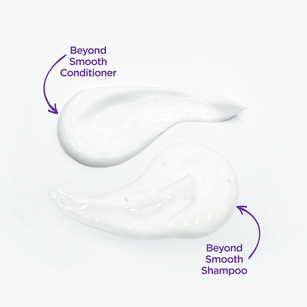 Swatches of the Frizz Ease Beyond Smooth Frizz-Immunity Shampoo and Conditioner.