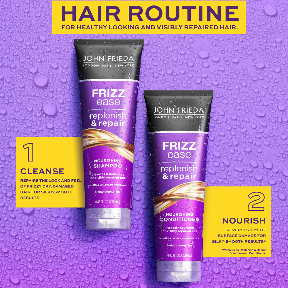 Hair Routine for healthy looking and visibly repaired hair. 1. Cleanse. Repairs the look and feel of frizzy dry, damaged hair for silky-smooth results. 2. Nourish. Reverses 75% of surface damage for silky smooth results* *When using Replenish & Repair Shampoo and conditioner.
