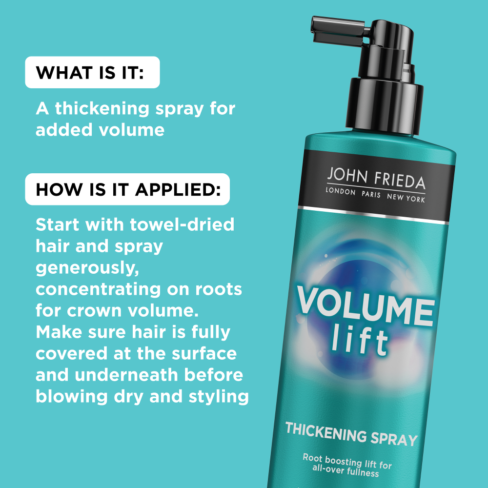 What is it: A thickening spray for added volume. How is it applied. Start with towel-dried hair and spray generously, concentrating on roots for crown volume. Make sure hair is fully covered at the surface and underneath before blowing dry and styling.