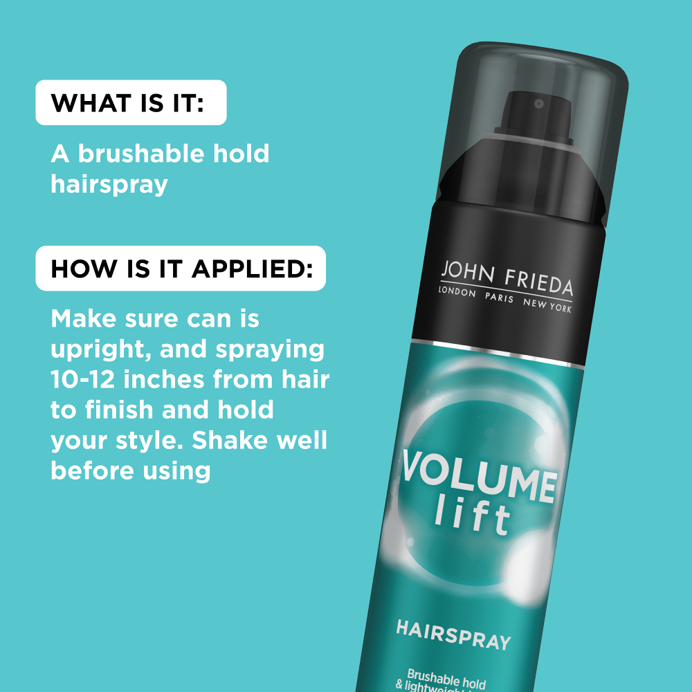 What is it: A brushable hold hair spray. How is it applied: make sure can is upright, and spraying 10-12 inches from hair to finish and hold your style. Shake well before using.