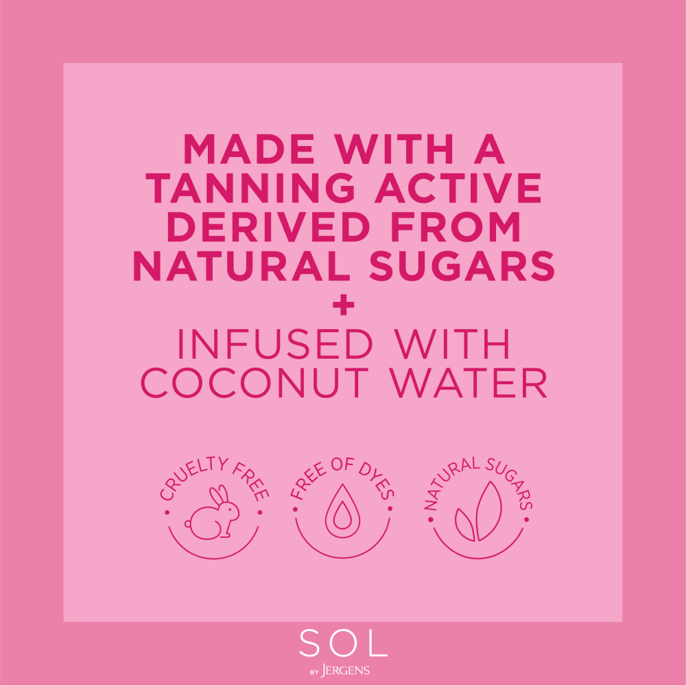 Made with a tanning active derived from natural sugars + infused with coconut water. Cruelty free. Free of dyes. Natural sugars.