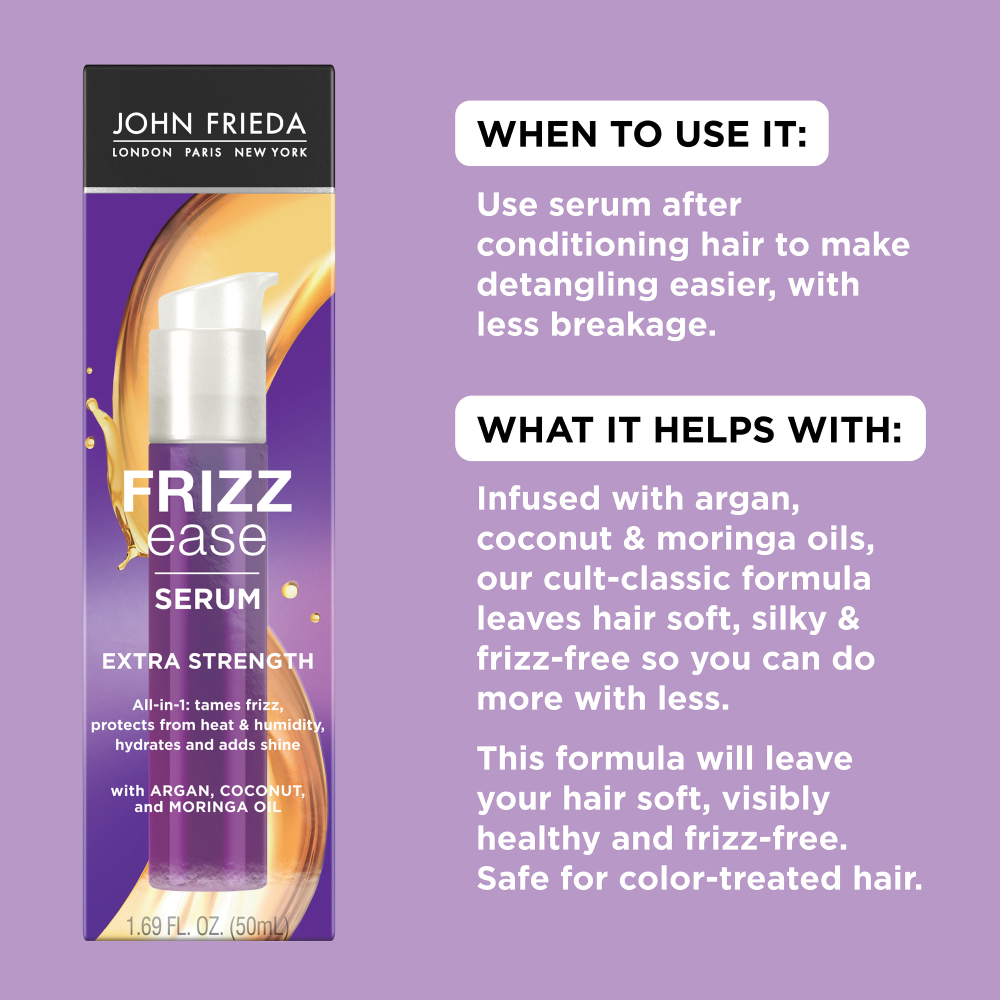 When to use it: Use serum after conditioning hair to make detangling easier, with less breakage. What it helps with: Infused with argan, coconut and moringa oils, our cult-classic formula leaves hair soft, silky & frizz-free so you can do more with less. This formula will leave your hair soft, visibly healthy and frizz-free. Safe for color-treated hair. 