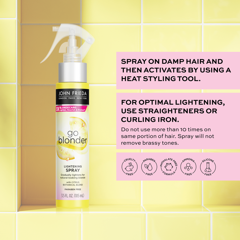 Spray on damp hair and then activates by using a heat styling tool. For optimal lightening, use straighteners or curling iron. Do not use more that 10 times on same portion on hair. Spray will not remove brassy tones. 