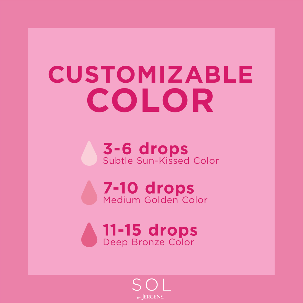 Customizable color 3-6 drops subtle sun-kissed color. 7-10 drops medium golden color. 11-15 drops deep bronze color.