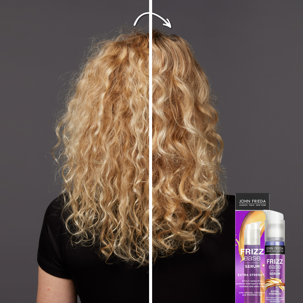 Hair before and after using Frizz Ease Extra Strength Serum.