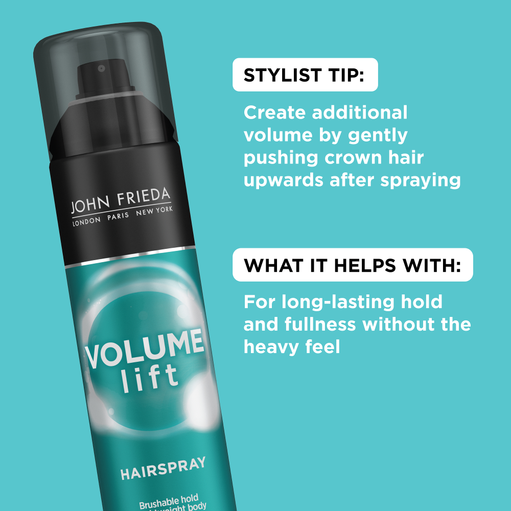 Stylist tip: create additional volume by gently pushing crown hair upward after spraying. What it helps with: For long lasting hold and fullness without the heavy feel.