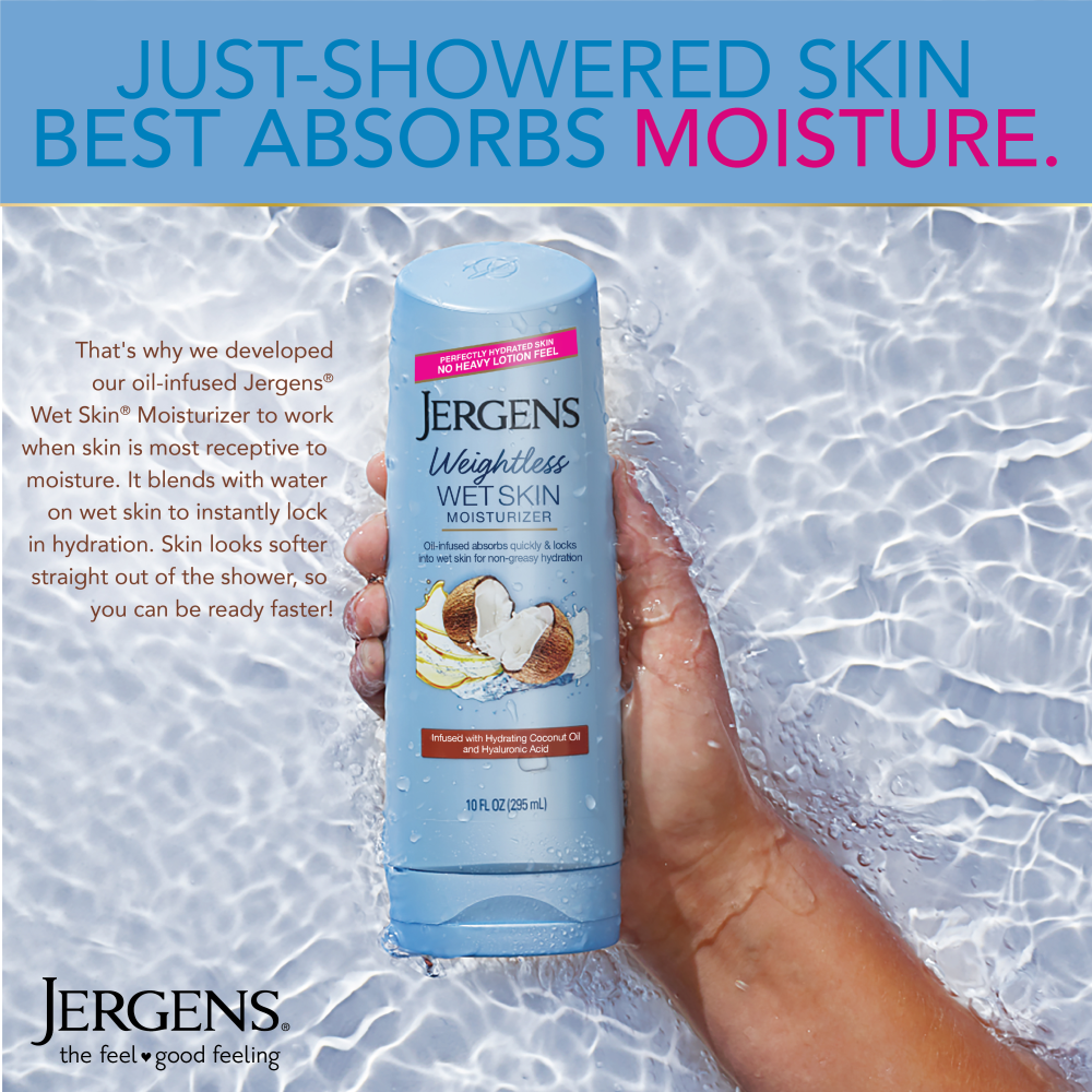 Just-showered skin best absorbs moisture. That's why we developed our oil-infused Jergens Wet Skin Moisturizer to work what skin is most receptive to moisture. It blends with water on wet skin to instantly lock in hydration. Skin looks softer straight out of the shower, so you can be ready faster!