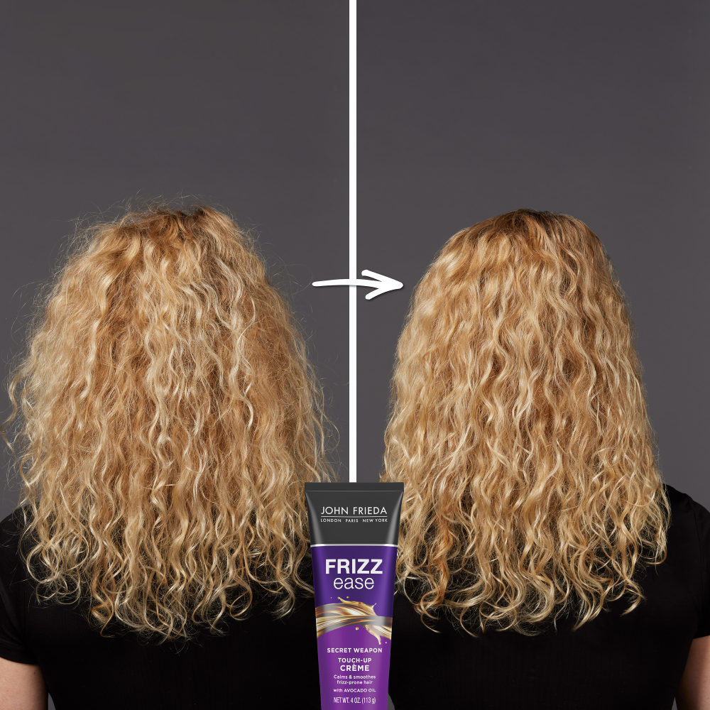Before/after hair when using Frizz Ease Secret Weapon Touch-Up Creme.