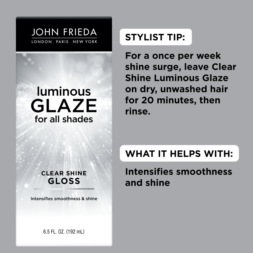 Stylist Tip: For a once per week shine surge, leave Clear Shine Luminous Glaze on dry, unwashed hair for 20 minutes, then rinse. What it helps with: Intensifies smoothness and shine.