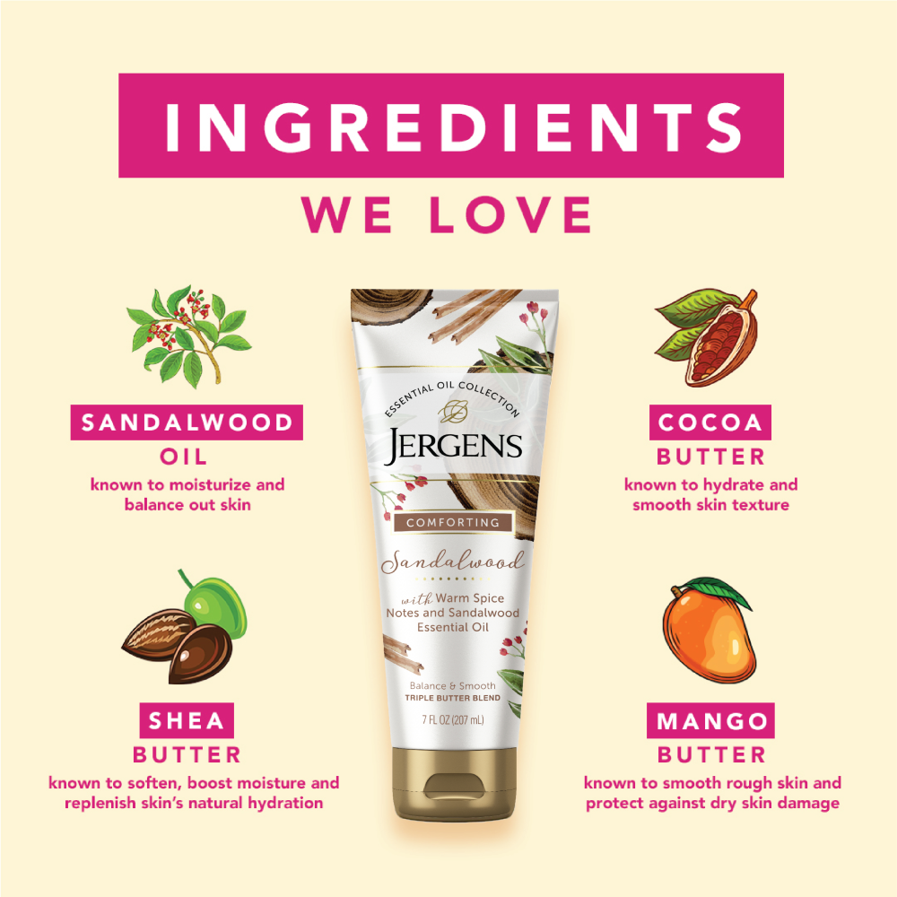 Ingredients we love. Sandalwood oil known to moisturize and balance out skin. Cocoa butter known to hydrate and smooth skin texture. Shea butter known to soften, boost moisture and replenish skin's natural hydration. Mango butter known to smooth rough skin and protect against dry skin damage.