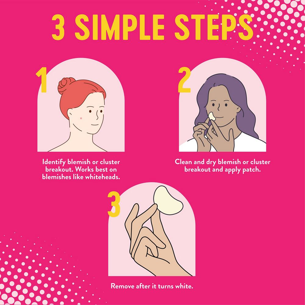 3 simple steps. 1. Identify blemish or clustser breakout. Works best on blemishes and whiteheads. 2. Clean and dry blemish or cluster breakout and apply patch. 3. Remove after it turns white.
