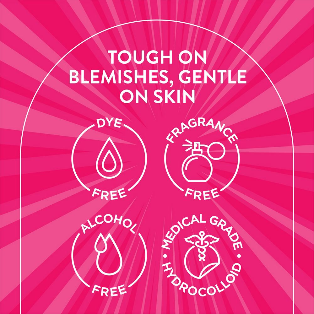 Tough on blemishes, gentle on skin. Dye Free, fragrance free, alcohol free, medical grade hydrocolloid.