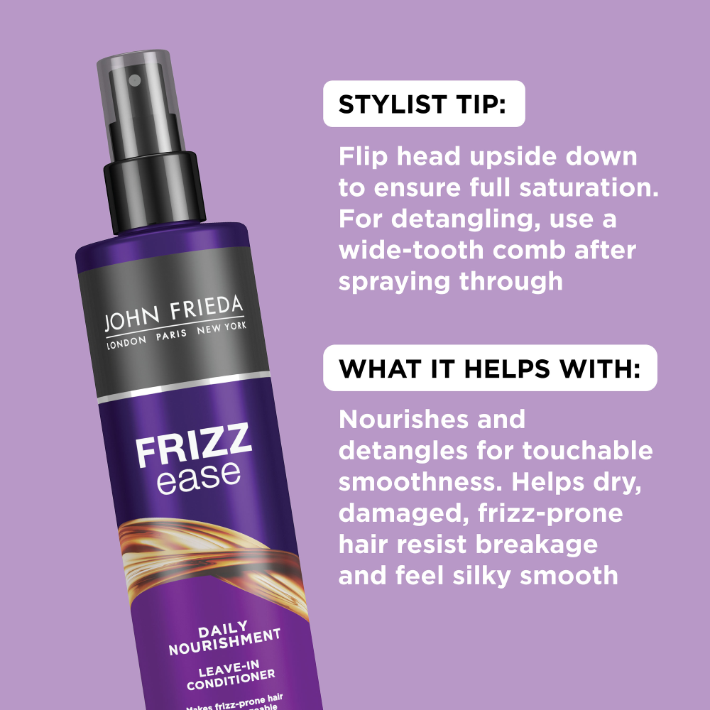 Stylist tip: Flip head upside down to ensure full saturation. For detangling, use a wide-tooth comb after spraying through. What it helps with: Nourishes and detangles for touchable smoothness. Helps dry, damaged, frizz-prone hair resist breakage and feel silky smooth. 
