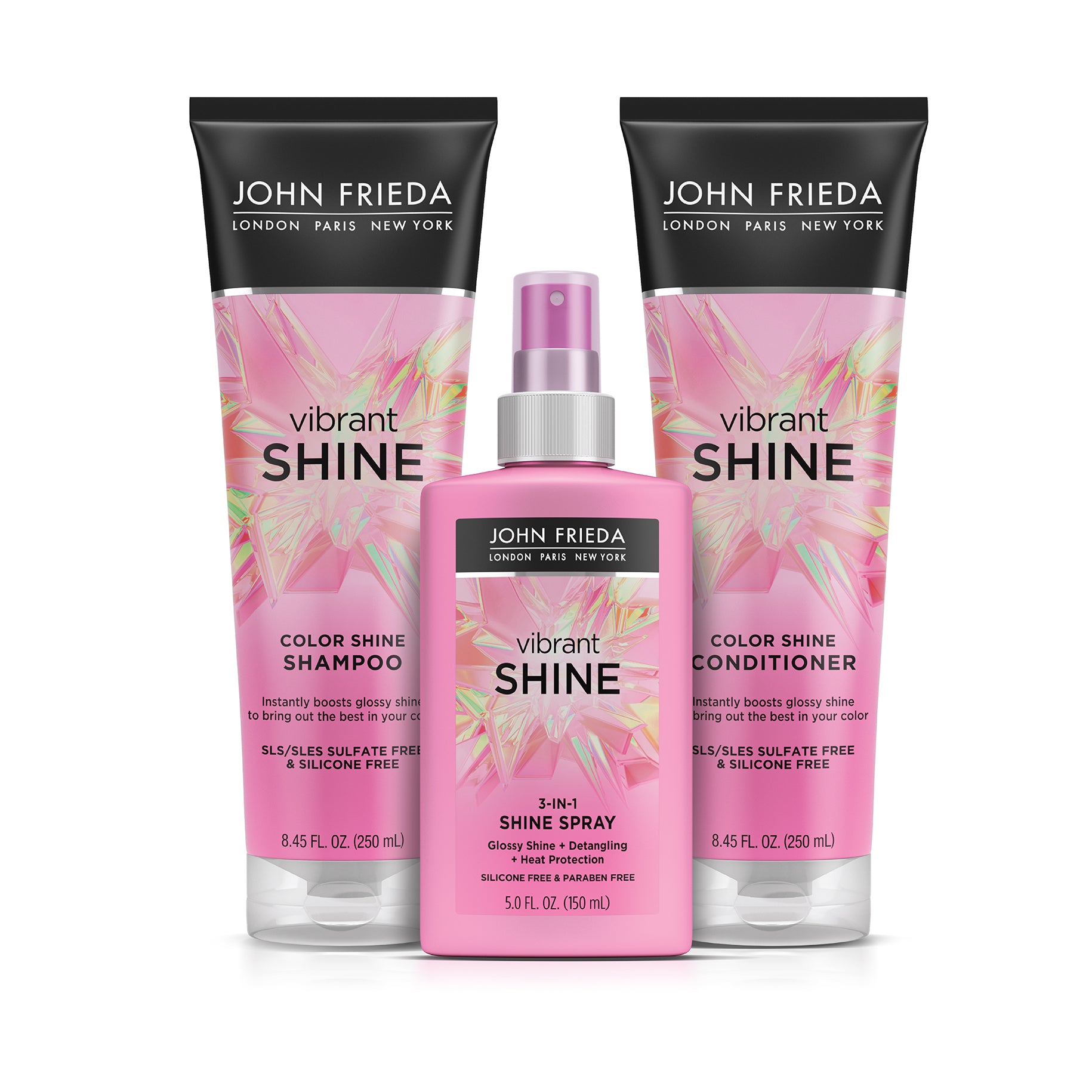 John Frieda Vibrant Shine Color Shine Shampoo and Conditioner and 3-in-1 Shine Spray.