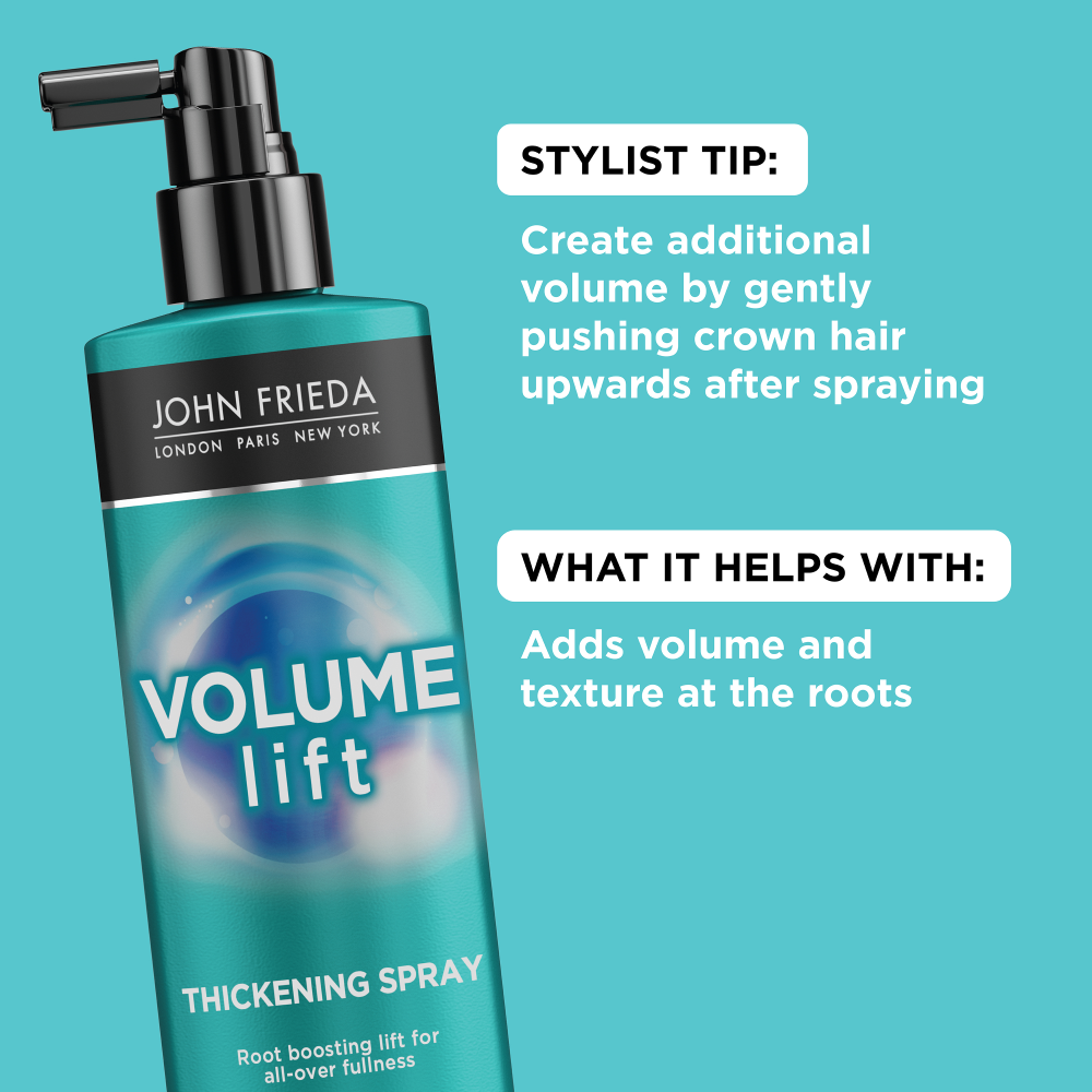 Stylist tip: Create additional volume by gently pushing crown hair upwards after spraying. What it helps with: Adds volume and texture at the roots.