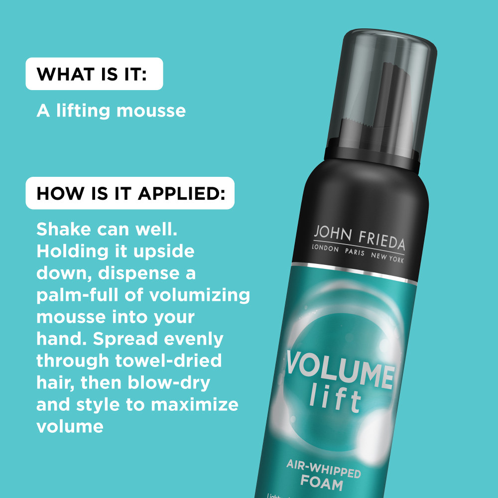 What is it: A lifting mousse. How is it applied: Shake can well. Holding it upside down, dispense a palm-full of volumizing mousse into your hand. Spread evenly through towell-dried hair, then blow-dry and style to maximize volume. 