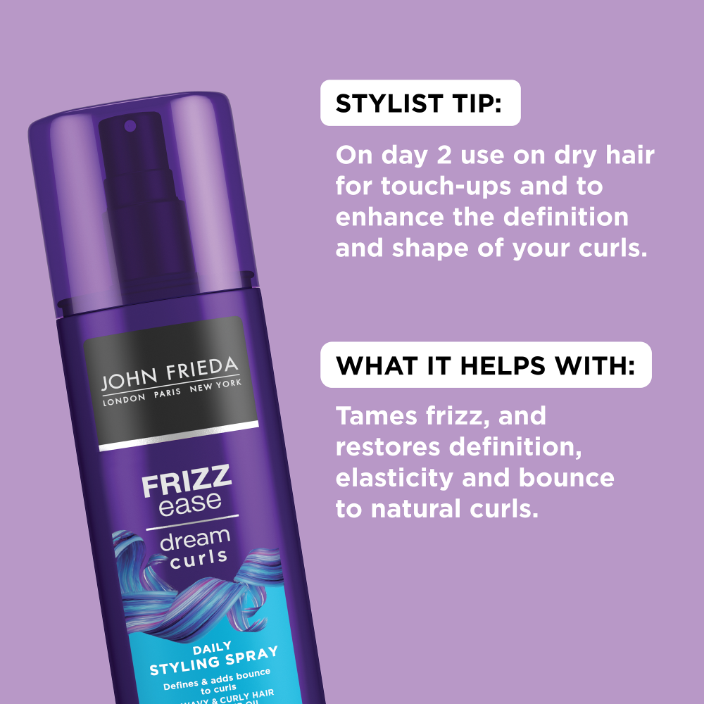 Stylist Tip: On day 2 use on dry hair for touch-ups and to enhance the definition and shape of your curls. What it helps with: Tames frizz, and restores definition, elasticity and bounce to natural curls. 