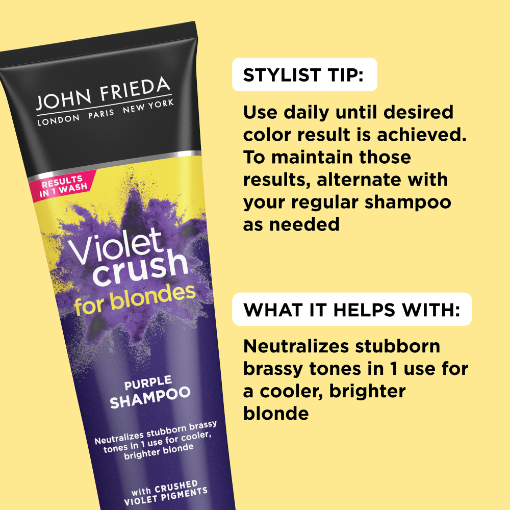 John Frieda Violet Crush for Blondes Purple Shampoo stylist tip and what it helps with.