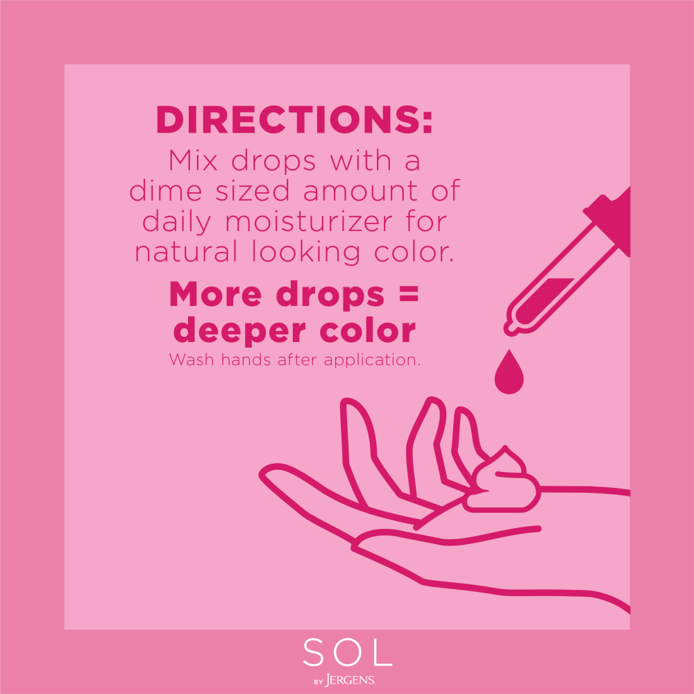 Directions: Mix drops with a dime sized amount of daily moisturizer for natural looking color. More drops + deeper color wash hands after application.