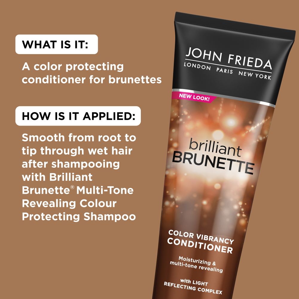 What is it: A color protecting conditioner for brunettes. How is it applied: Smooth from root to tip through wet hair after shampooing with Brilliant Brunette Multi-Tone Revealing Colour Protecting Shampoo.