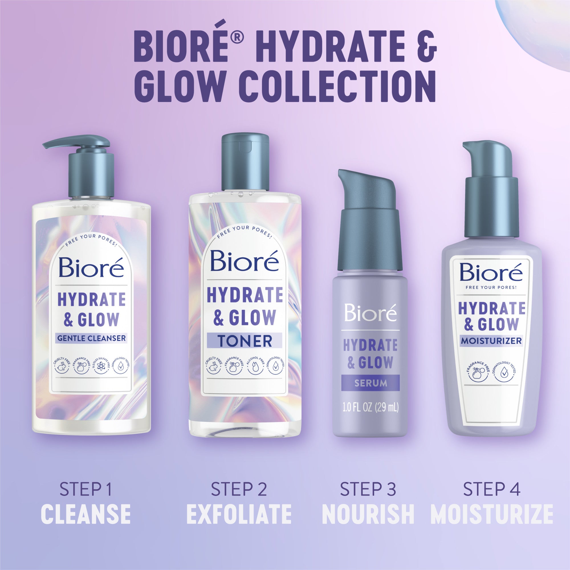 Biore Hydrate and glow collection. Step 1. Cleanse. Step 2. Exfoliate. Step 3. Nourish. Step 4. Moisturize.
