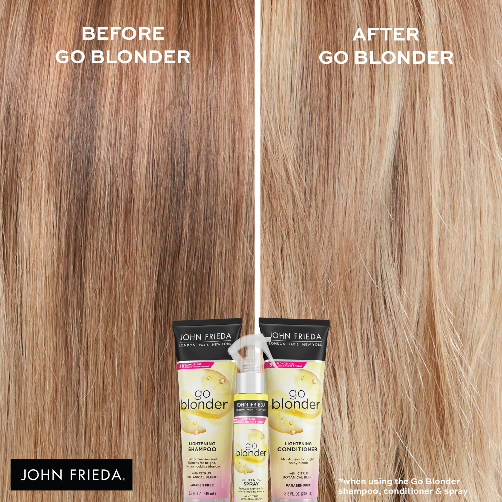 Before/after image after using the Go Blonder Lightening collection.