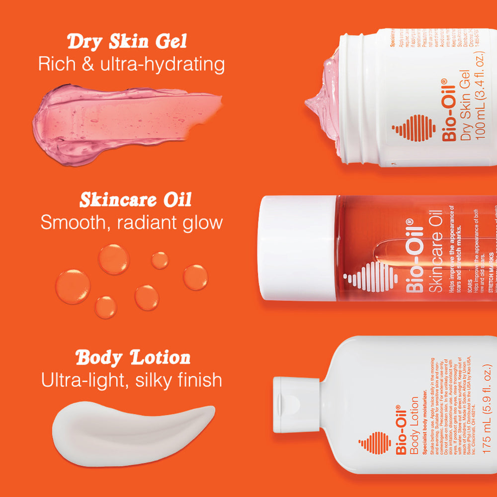 Dry Skin Gel: Rich and ultra hydrating. Skincare oil: Smooth, radiant glow. Body Lotion: Ultra-light, silky finish.