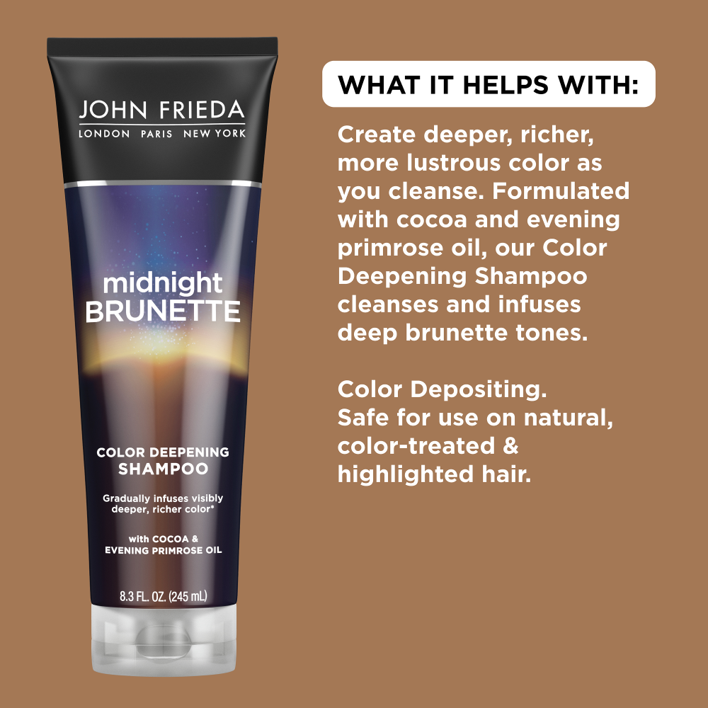 What it helps with: Create deeper, richer, more lustrous color as you cleanse. Formulated with cocoa and evening primrose oil, our Color Deepening Shampoo cleanses and infuses deep brunette tones. Colour depositing. Safe for use on natural, color-treated, and highlighted hair. 
