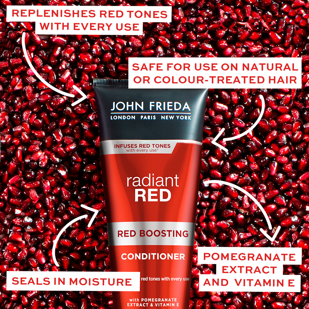 Replenishes red tones with every use. Safe for use on natural or colour-treated hair. Seals in moisture. Pomegranate extract and vitamin E
