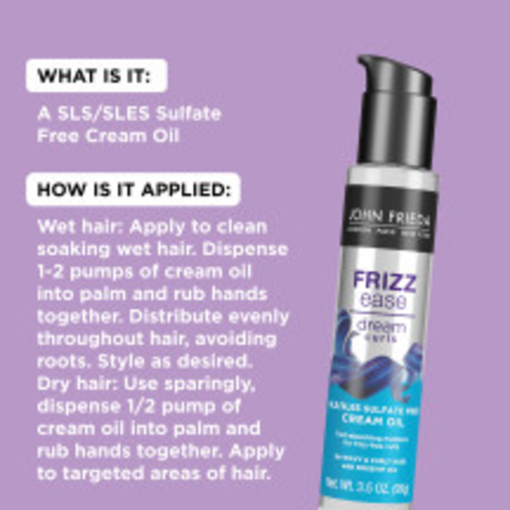 What is it: A SLS/SLES Sulfate Free Cream Oil. How is it applied: Wet hair: Apply to clean soaking wet hair. Dispense 1-2 pumps of cream oil into palm and rub hands together. Distribute evenly throughout hair, avoiding roots. Style as desired. Dry hair: Use sparingly, dispense 1/2 pump of cream oil into palm and rub hands together. Apply to targeted areas of hair. 
