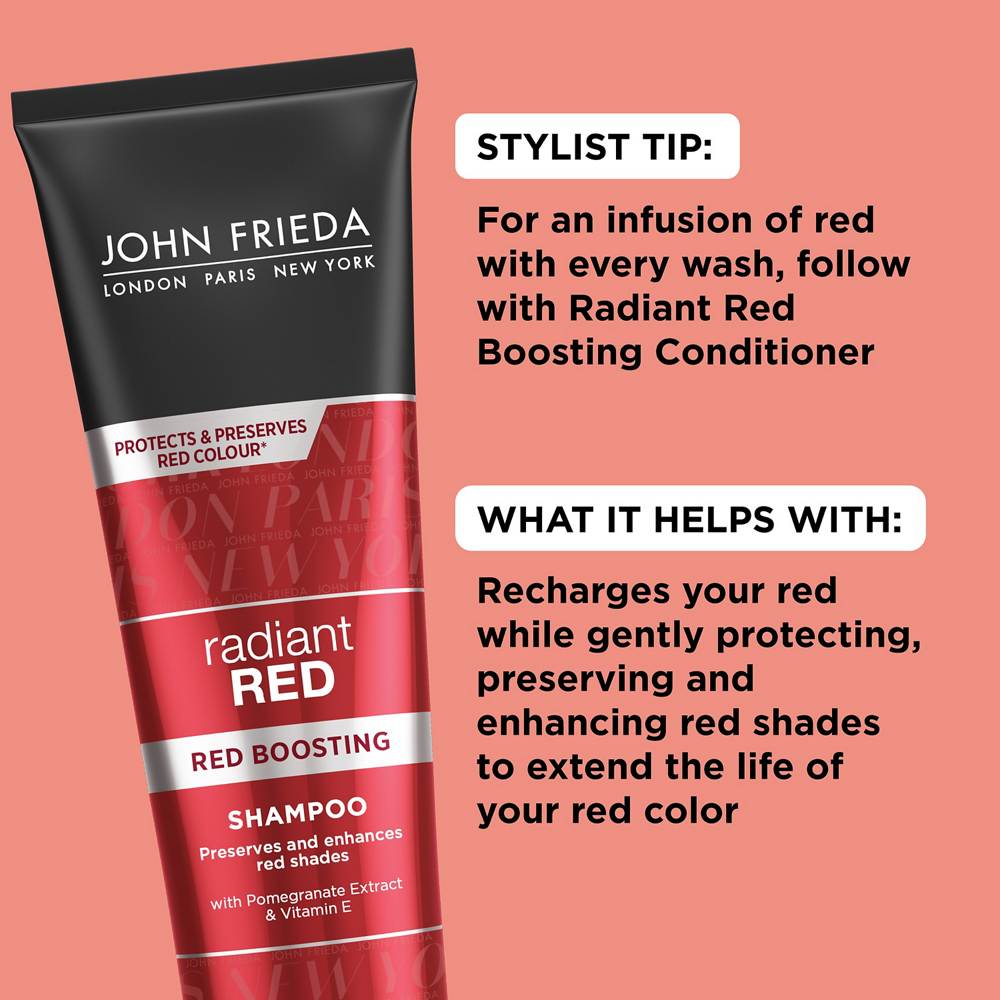 Stylist Tip: For an infusion of red with every wash, follow with radiant boosting conditioner. What it helps with: Recharges your red while gently protecting, preserving and enhancing red shades to extend the life of your red color.