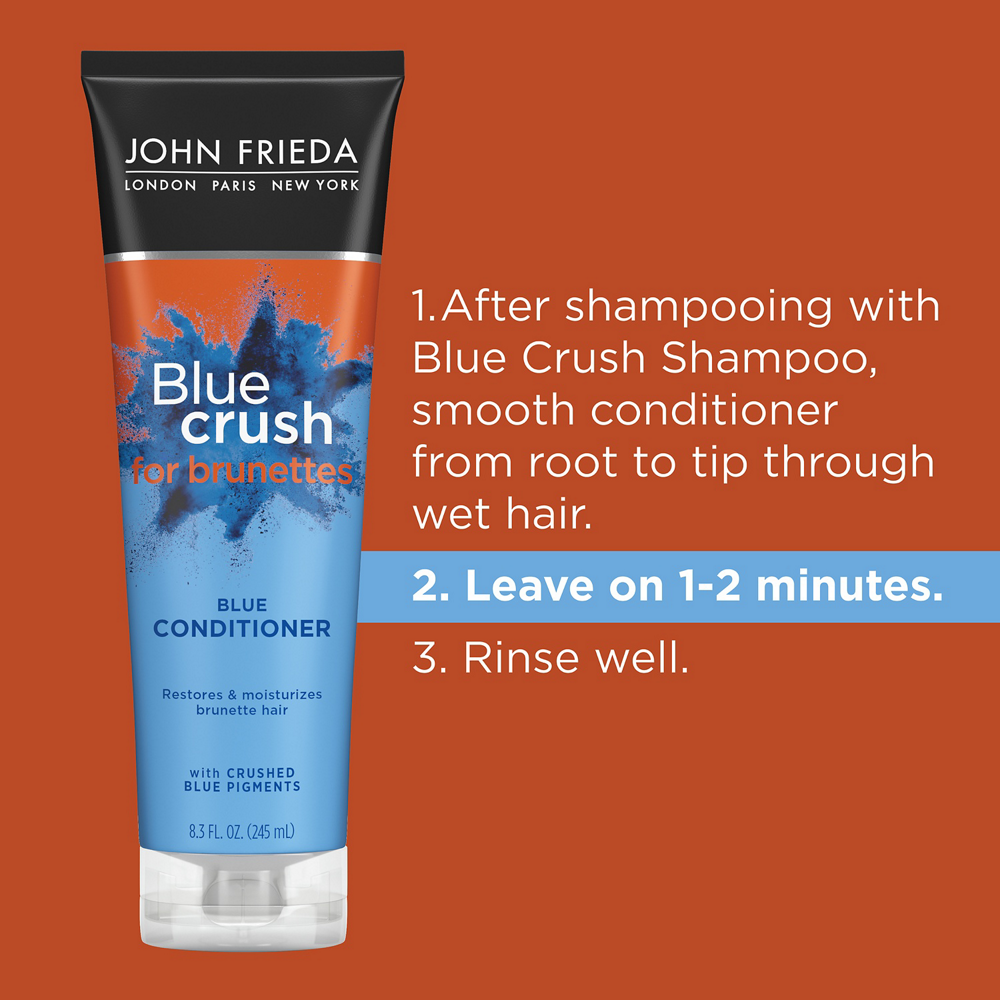 How to use Blue Crush for Brunettes Blue Conditioner: (1) After shampooing with Blue Crush Shampoo, smooth conditioner from root to tip through wet hair. (2) Leave on for 1-2 minutes. (3) Rinse well.